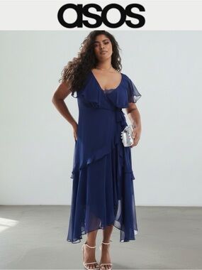 NWT ASOS FOREVER NEW CURVE NAVY CHIFFON RUFFLE FAUX WRAP MIDAXI DRESS SIZE 12